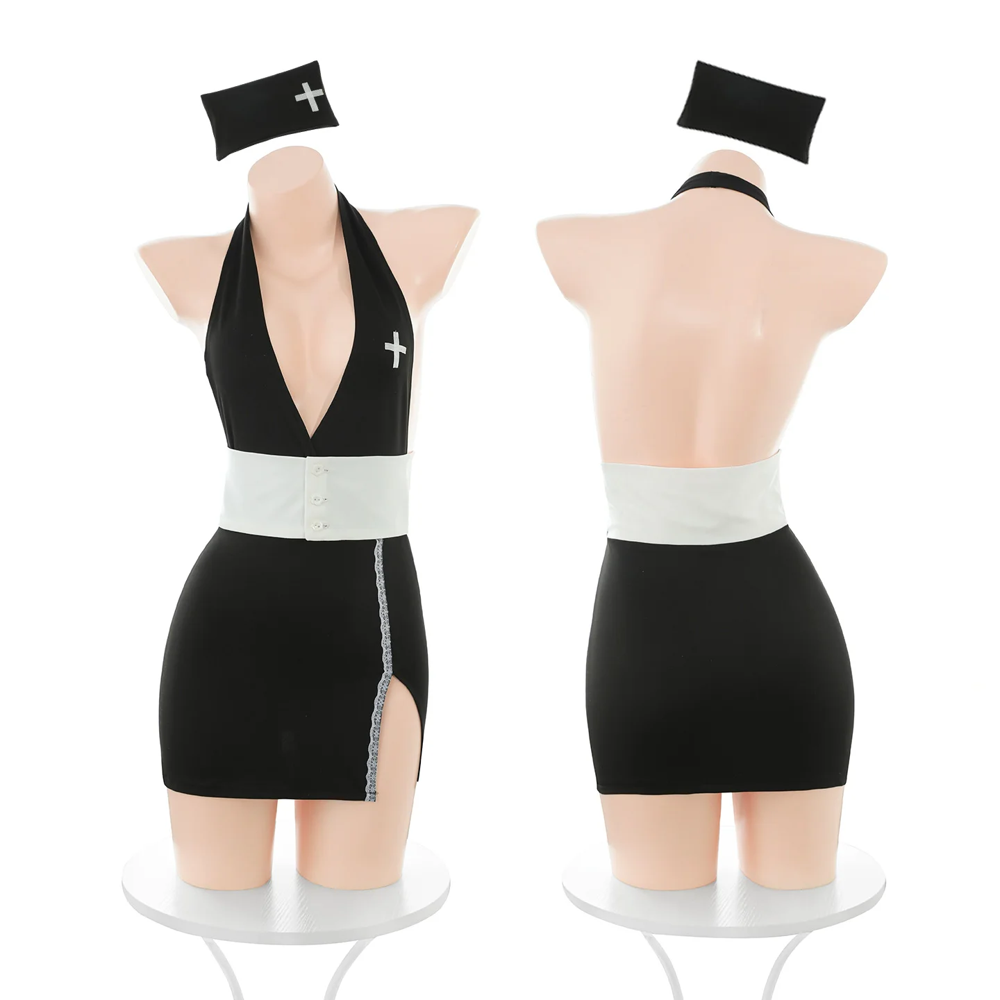 فستان نسائي ممرضة نون كوسبلاي برقبة رسن عميق على شكل حرف V بدون ظهر مع رقعة متقاطعة وخصر عالي وفتحة جانبية وعصابة رأس مثيرة للحفلات والنوادي