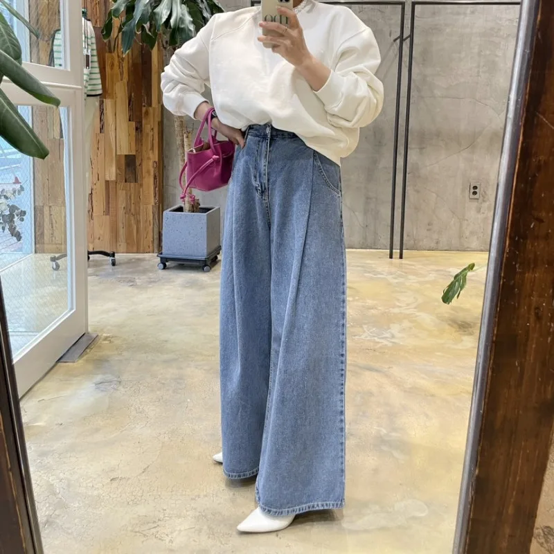 

Women Jeans Wide Straight Leg Baggy Y2K Vintage Denim Pants Pocket Streetwear Ruched Korean Caual Autumn Spring Trousers Femme