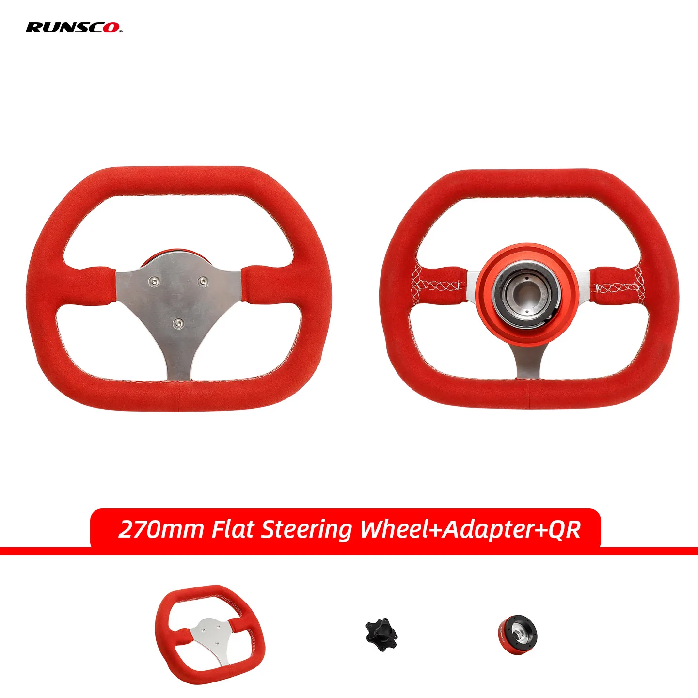 270mm Flat Steering Wheel Suede Red & QR & Adapter Kit for Race Game