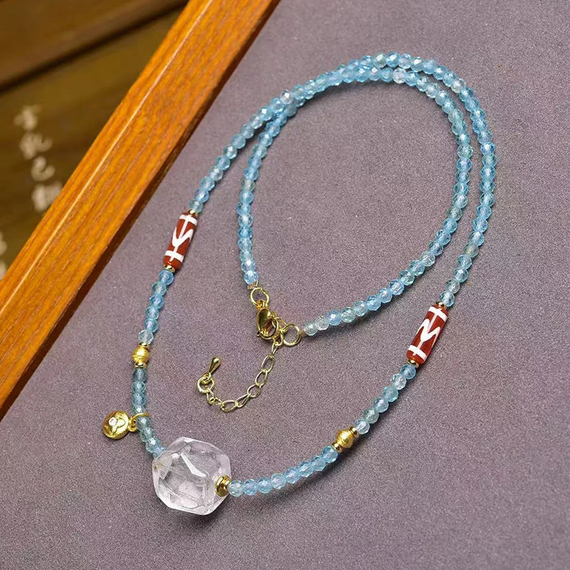 Natural white engraved pendant collarbone chain, simple stylish blue crystal and amethyst faceted necklace jewelry