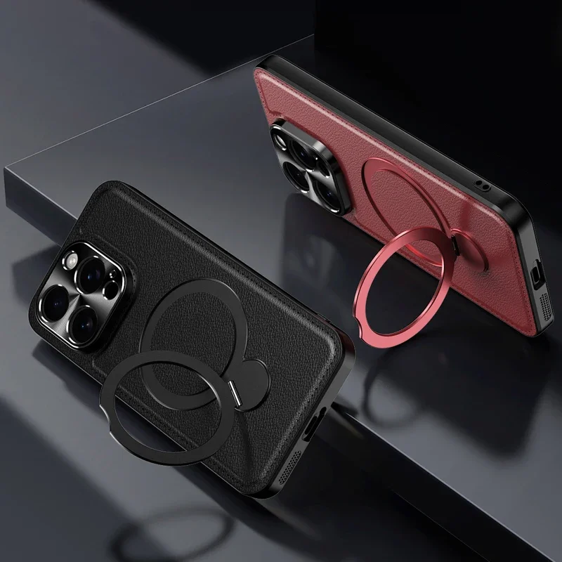 

Wireless Charging Phone Case for IPhone 16E 15 14 Pro Max Metal Holder Protect Anti-Drop Soft Leather Back Cover Cases