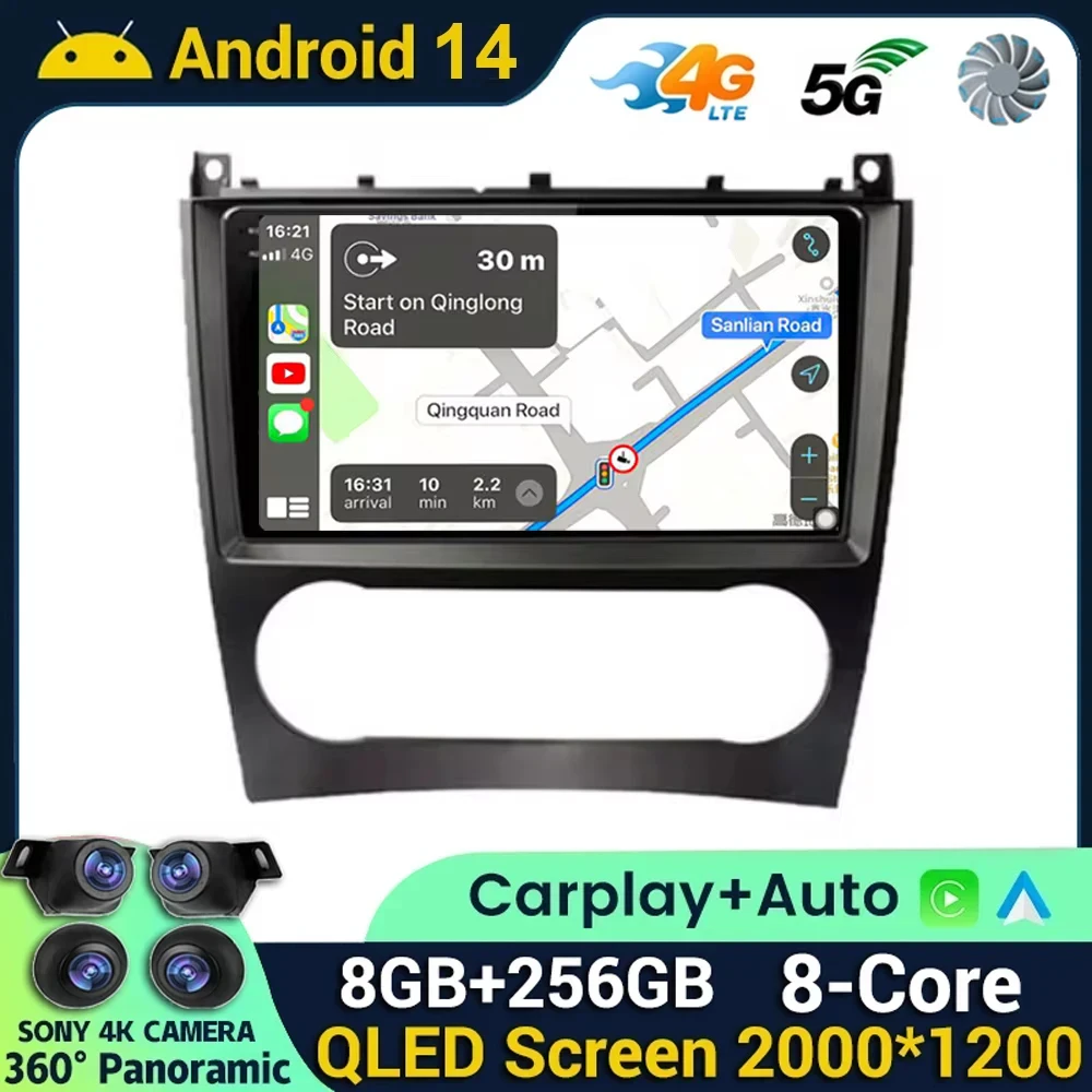 

9" QLED Touch Screen Android 14 Car Video for Mercedes Benz C Class W203 2005 - 2009 Multimedia Stereo Player GPS Carplay Auto