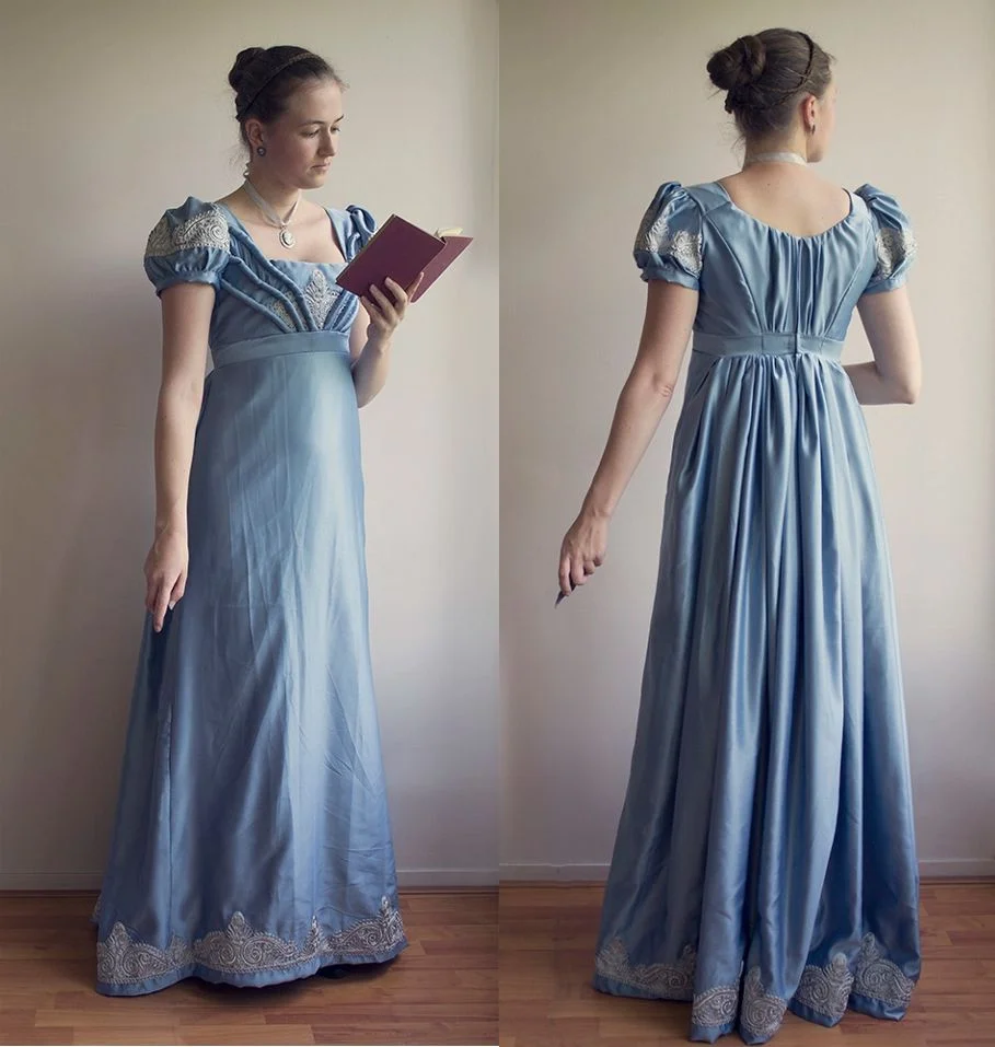 Disfraz de Elizabeth Bennet, vestido de baile azul, corte Imperio, cintura alta, estilo Regency, hecho a medida