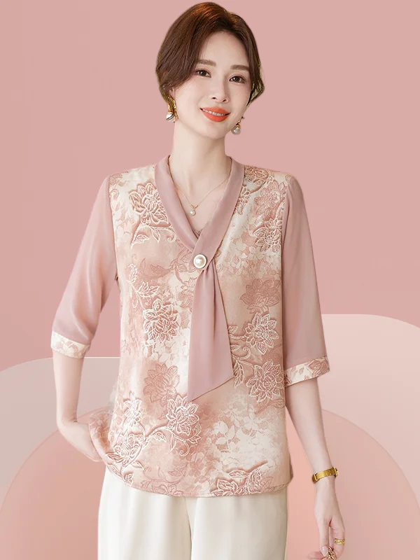 

Fashionable Chiffon Top Loose Sleeveless T-Shirt for Middle-Aged Women with Sashes Anti-Aging Mom Clothes Summer Shirt