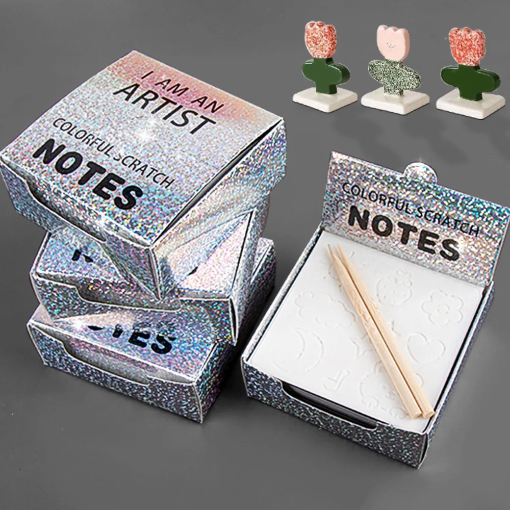 100Pcs/Box Dazzling Laser Scratch Mini Notes With Drawing Stencil Template Kids DIY Craft Draw Painting Educational Toys Gifts