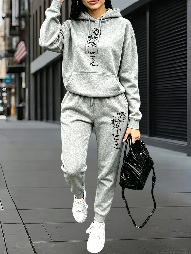 Faith Flower Tracksuit for Women Autumn Winter Daily Casual Sports Jogging Set Hoodies + Sweatpants Home Outdoor Comfort Outfits