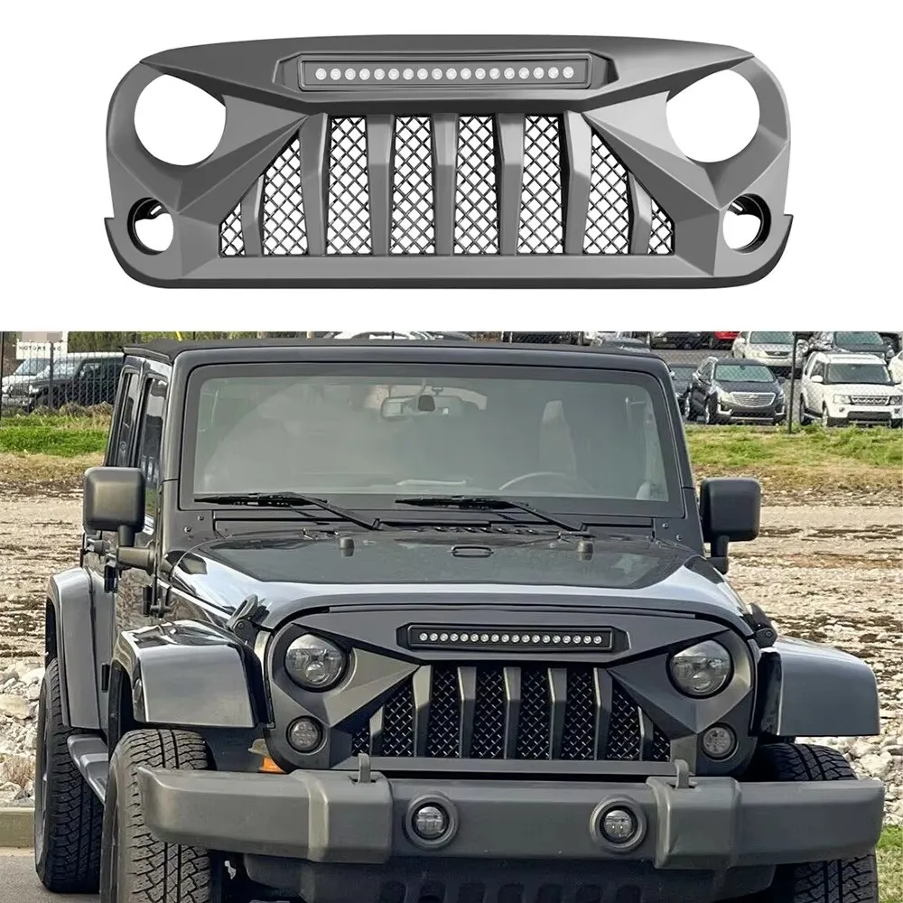 Parrillas de parachoques delantero de coche, rejilla Mars negra mate ABS con barra de luz LED para parrilla de carreras todoterreno Jeep Wrangler JK JKU 2007-2017
