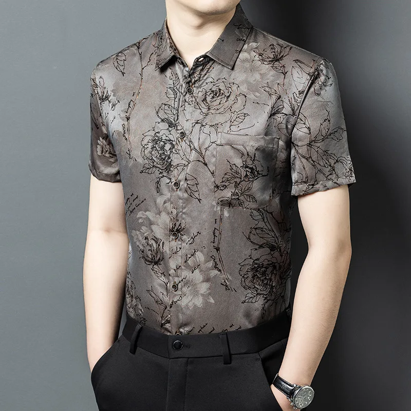 

High Quality Real Silk Men's Light Luxury Xiangyun Yarn Short-Sleeved Shirt Youth Summer Thin Breathable Clothing