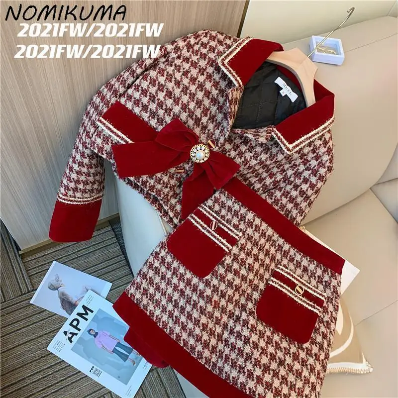 Nomikuma Fashion Plaid 2pieces Sets Chic Bowknot Long Sleeve Short Coat + High Waist A-line Mini Skirt Korean Outfits 2023 New