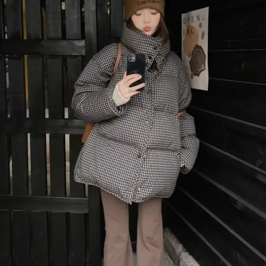 Korean Fashion Winter Lattice Jacket Women Bread Loose Stand Collar Female Down Cotton Parkas Down Coats 2026 New
