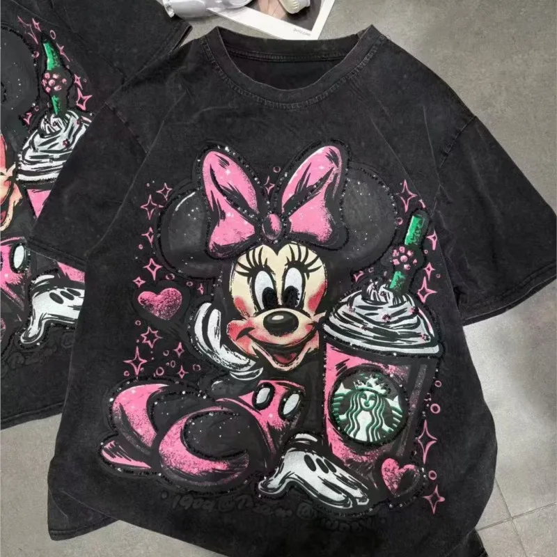 تي شيرت كلاسيكي كبير الحجم ميني كارتوني - تي شيرت بأكمام قصيرة مغسول ونمط أوروبي، بلوزة صيفية فضفاضة مغسولة للصناعات الثقيلة