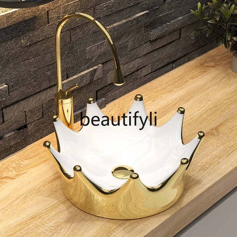 

ss Creative Crown European Washbasin Gold Ceramic Washbasin Round Black Basin