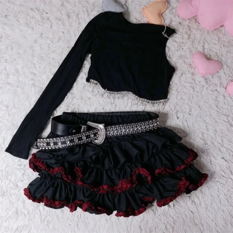 

American Sweet Cool Black Red Patchwork Faldas Mujer Y2k High Waist Dress For Women Spring Summer New Ruched Cake Skirts