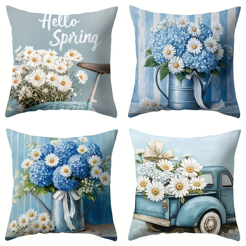 

Pastel "Hello Spring" Floral Pillowcase: Blue Hydrangea & Daisy Pattern Cushion Cover for Fresh Sofa Bedroom Home Decor