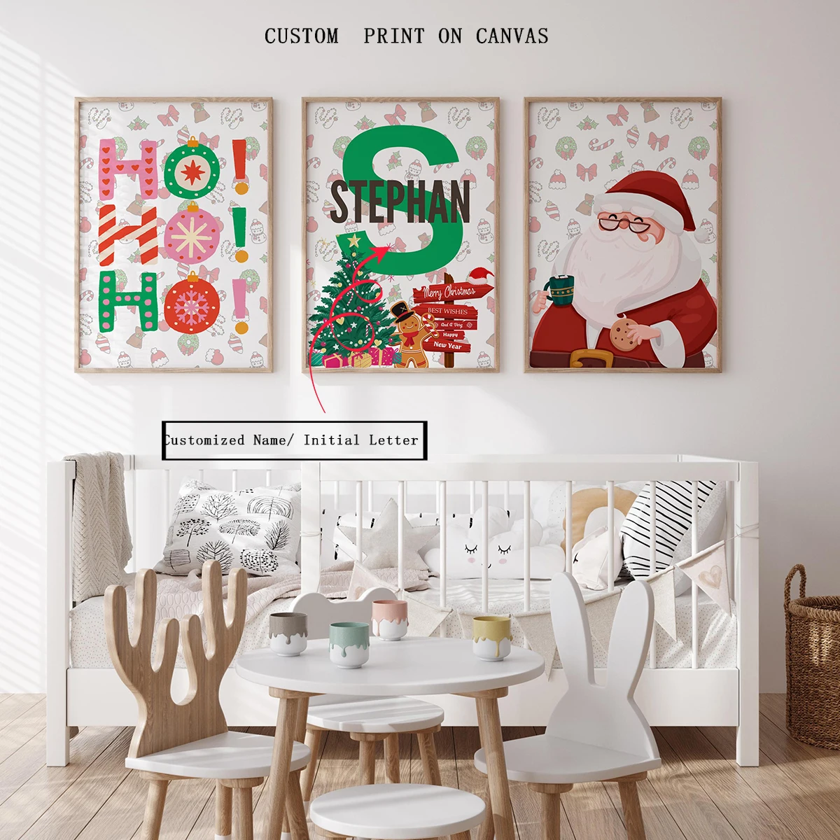 

Custom Name Christmas-Themed Wall Art Set for Kids' Room | Festive 3-Piece Holiday Decor - Personalized Santa Claus 'Ho Ho Ho' W