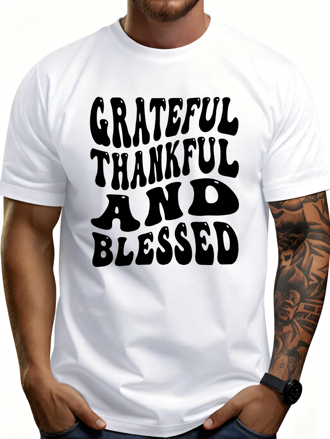 Men's Plain Graphic T-Shirt - Breathable, Soft, Lightweight - Grateful, Content, and Happy - Vintage Fun Graphic Casual Short Sleeve Summer Top, Gift for Him