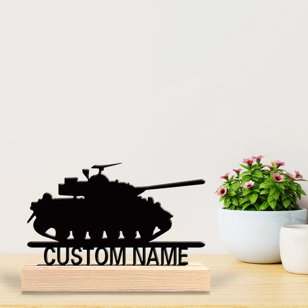 1pc Minimalist Tank Customizable Text Metal Statue Metal Ornament Art Crafts With Wood Base With Wood Base Home Table view 6