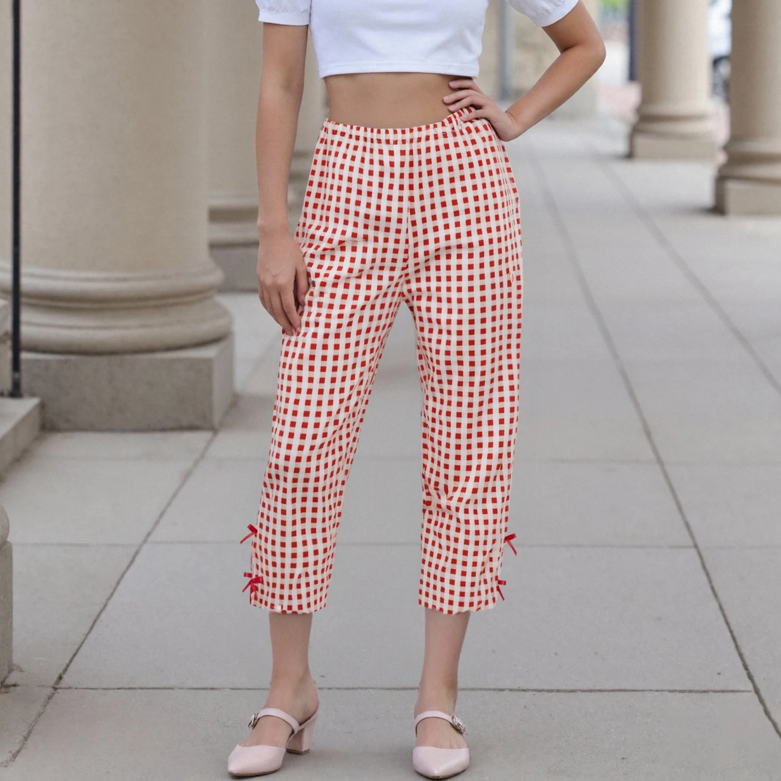 

Women Aesthetic Fairy Capri Pants Solid Color Bow Decor Summer Casual Cropped Pants Stretch Crop Leggings Pencil Pants