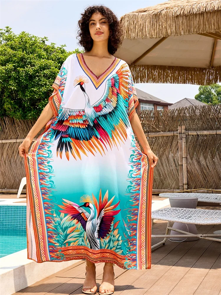 Sexy Swimsuit Cover-ups Plus Size Kaftan 2024 Women Classy Crane Print V Neck Bat Sleeve Beach Dress Summer Cozy Homewear Q16744