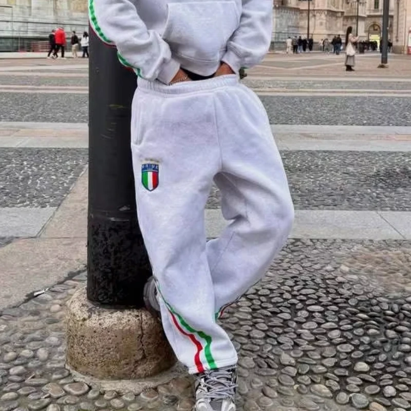 

Retro American Street Autumn New Embroidered Striped Stitching Casual Pants Y2K Personalized Harajuku Pocket Sweatpants Women