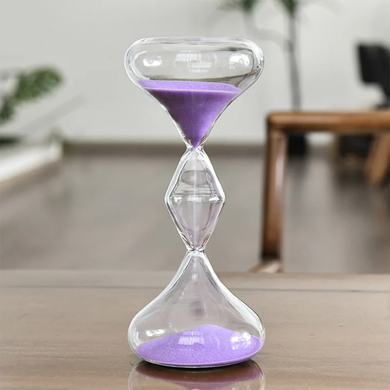 Glass purple sand hourglass. Three-layer geometric hourglass timer. Personalized Nordic home furnishings