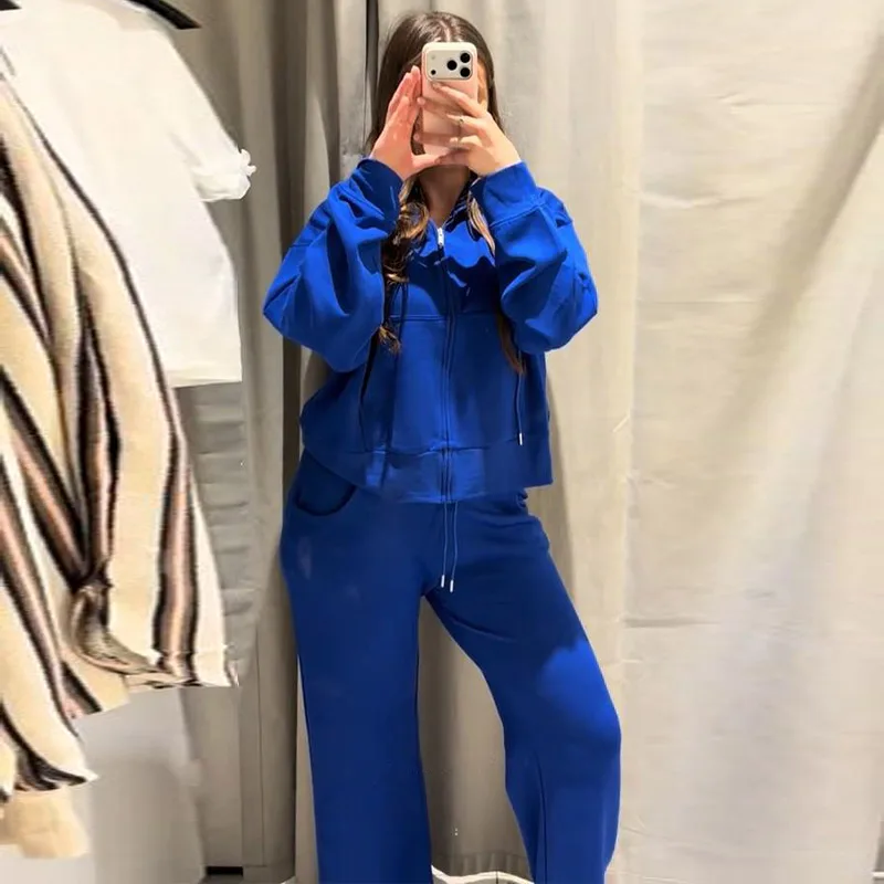 Damen-Hosen-Sets mit Kapuze, Langarm-Reißverschluss, Oversize-Mäntel, Kordelzug-Taille, Schlaghosen, Frühling-Herbst, schicke neue Outfits für Damen – Detail 4