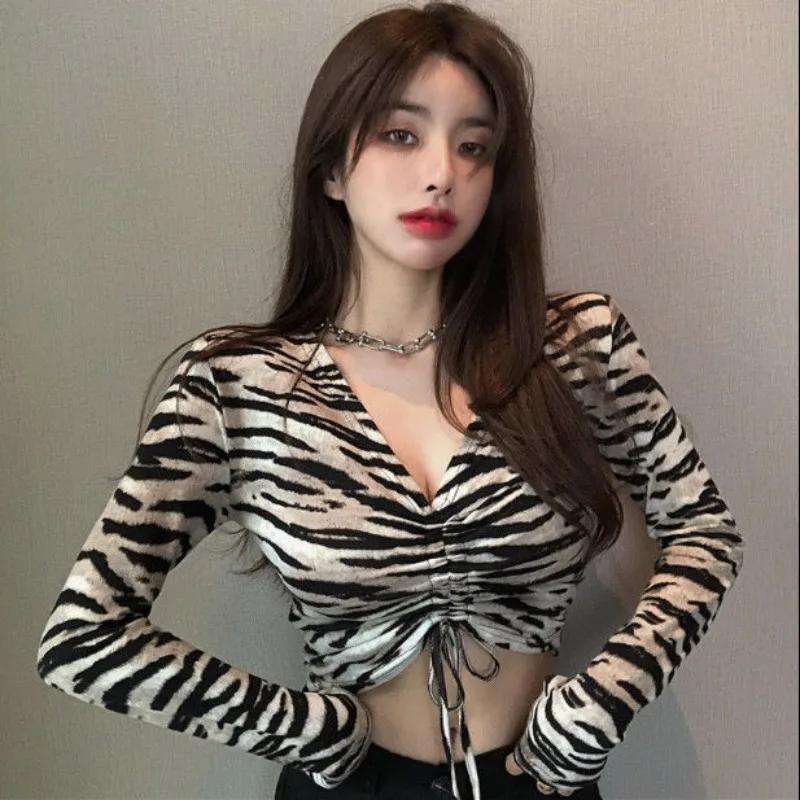 Y2K Ins Zebra pattern V-neck Drawstring tops female Self cultivation Long sleeved Short T-shirt autumn trend Popular Drawstring