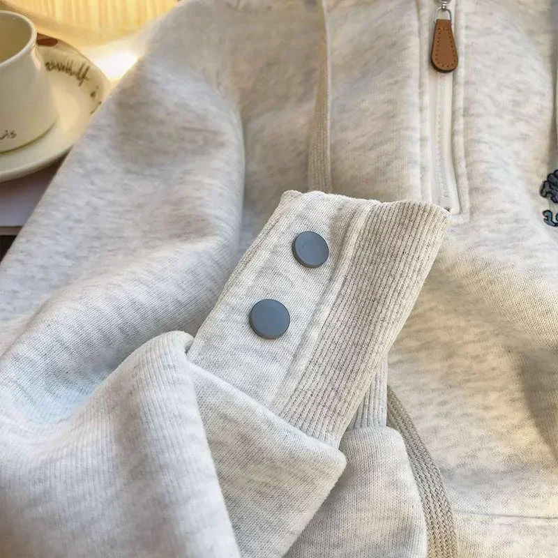 Shi Yinxin Fashion Cartoon Embroidered Hooded Sweatshirt Women 2024 Spring and Autumn Thin American Loose Half Zip y2k Trendy