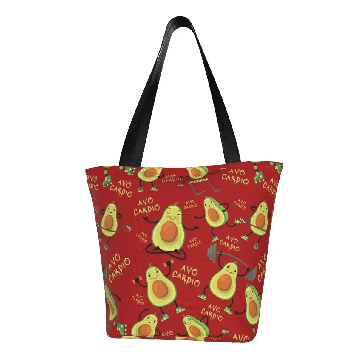 Red Avo Cardio Fitness Avocado Pattern Groceries Shopping Bag Printed Canvas Shopper Shoulder Tote Bags Large Capacity Handbag