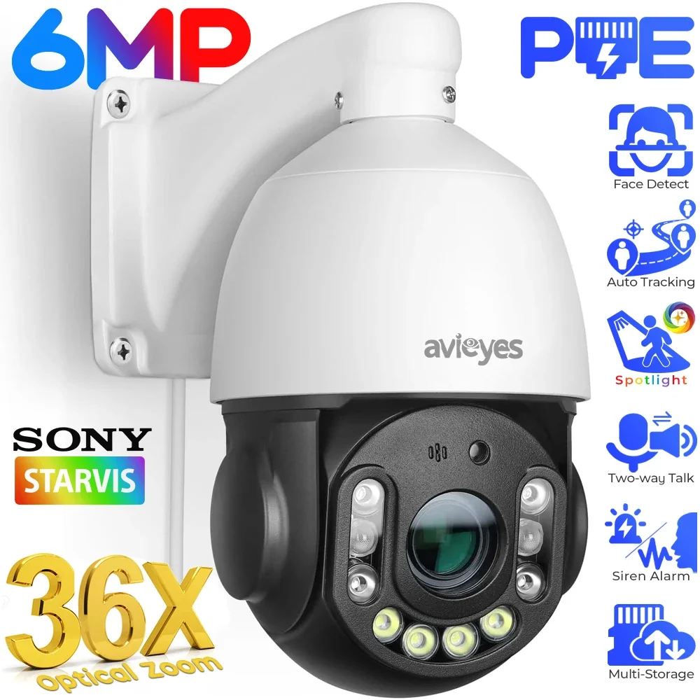 6MP IP Camera 36X Optical Zoom Outdoor PTZ Auto Tracking PoE Security Cameras Color Night Face Detect Dome Surveillance Cameras