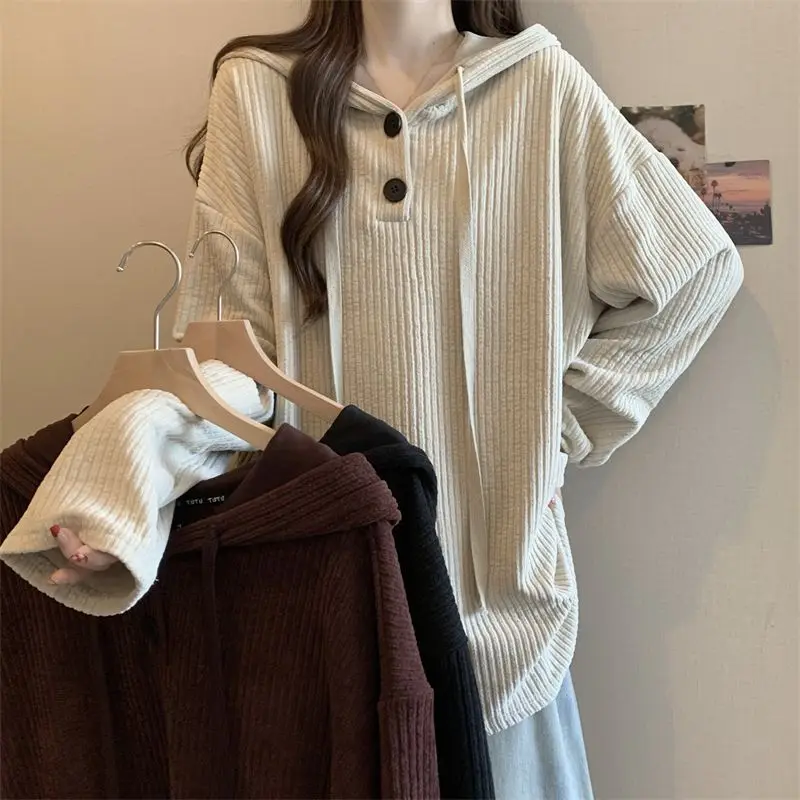 Casual Hooded Button T-shirt Autumn Winter New Stylish Drawstring Women's Clothing Solid Color Loose Basic Long Sleeve Pullovers