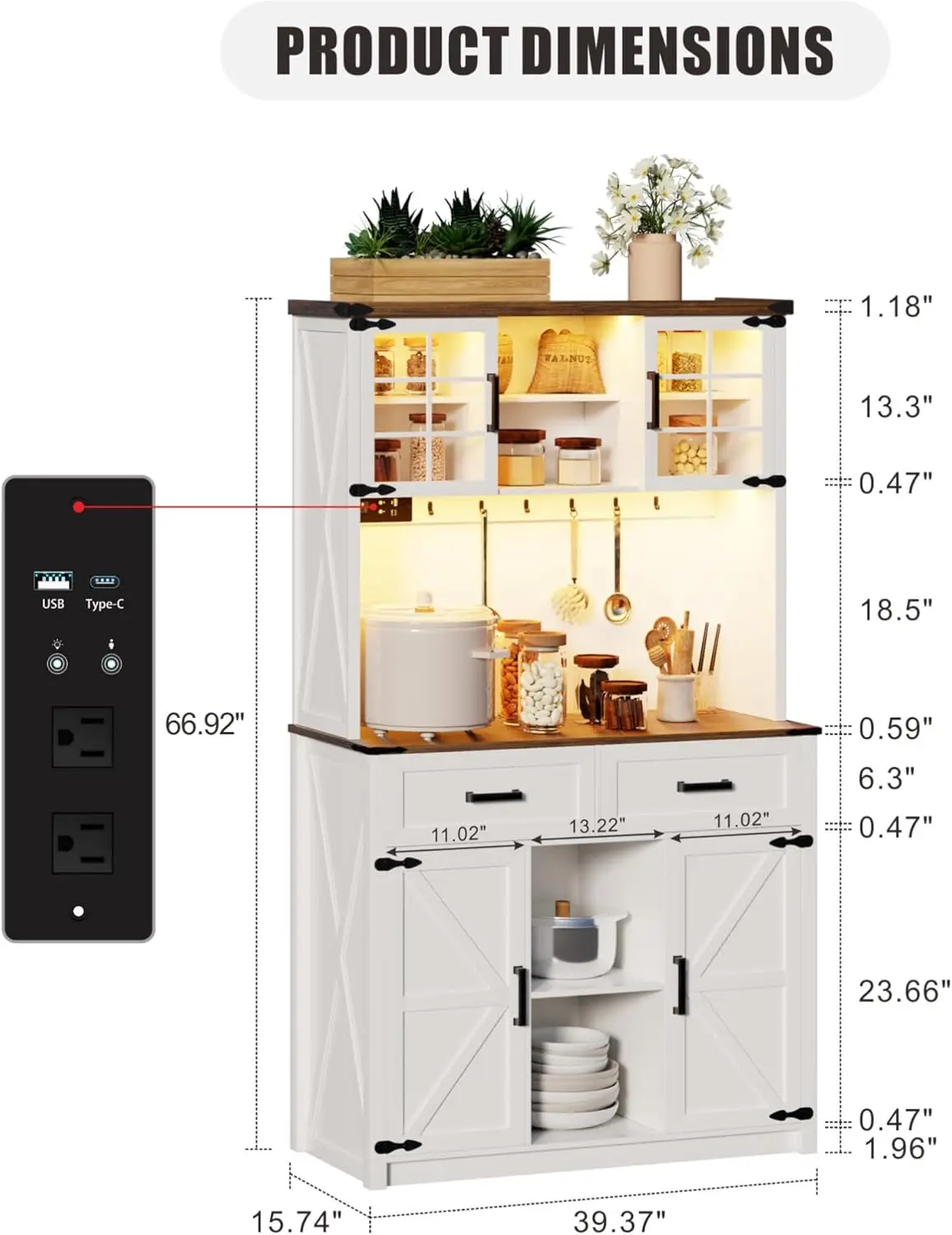 Farmhosue-Armoire de bar avec lumières LED et prises de courant, grand panneau de cuisine avec clapier, 2 portes à grande proximité, conception de porte de grange, 8