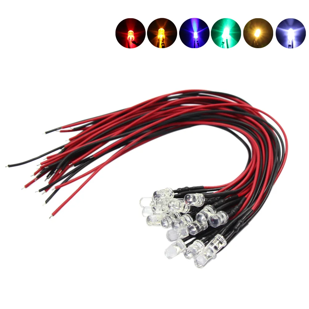 Evemodel 20pcs Pre-wired 5mm LED Lamp Light 20cm Cable 12V DC Warm Bright Red Yellow Green Blue L125