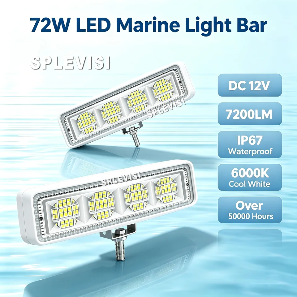 2Pc 72w White 150° Flood Beams Ponton Boat Deck Dock Lights IP67 Waterproof fNight Fishing T-top Stern Yacht Kayak Port Sailboat