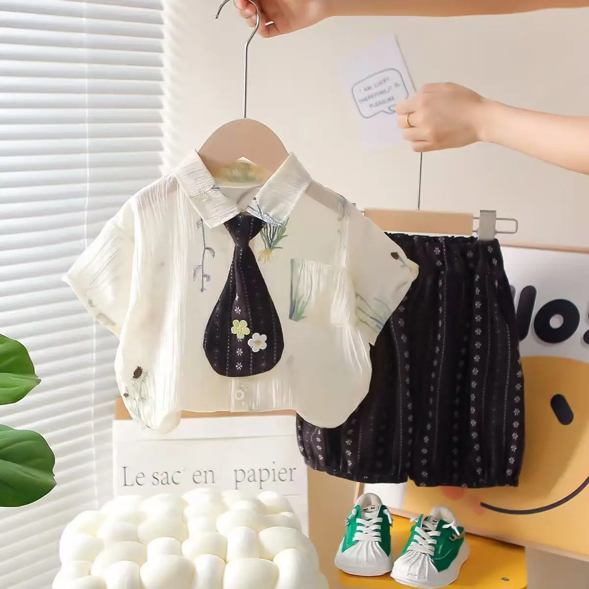

2026 Summer Korean Children Clothes Set Bow Tie Shirt +black Shorts 2Pcs for 1-5Years Boys Printed Suit