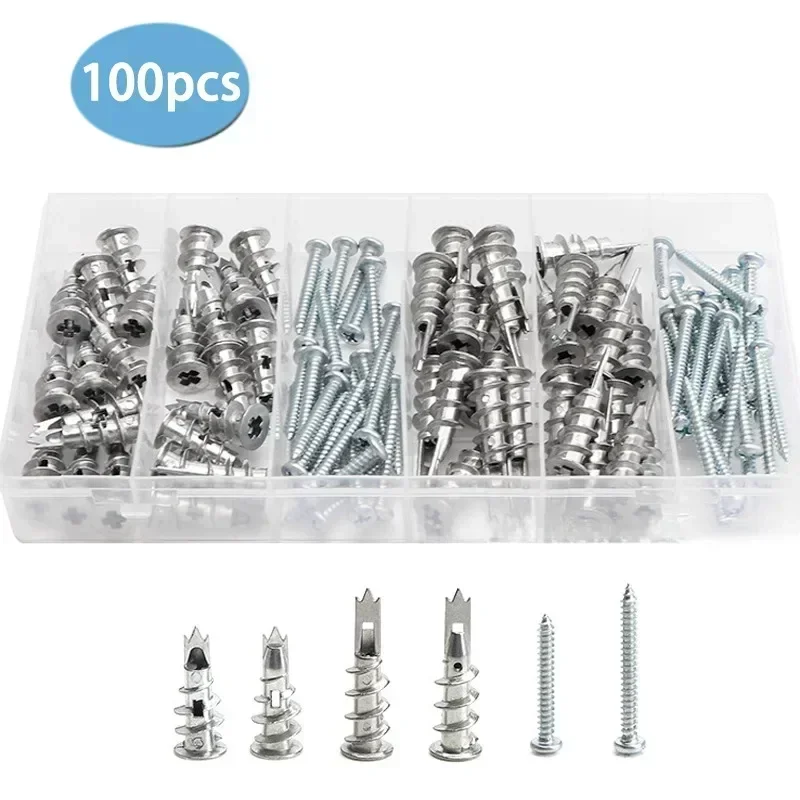 100 pezzi in lega di zinco per cartongesso, ancoraggio per cartongesso, parete cava, autoperforante, con vite autofilettante, bullone per cartongesso
