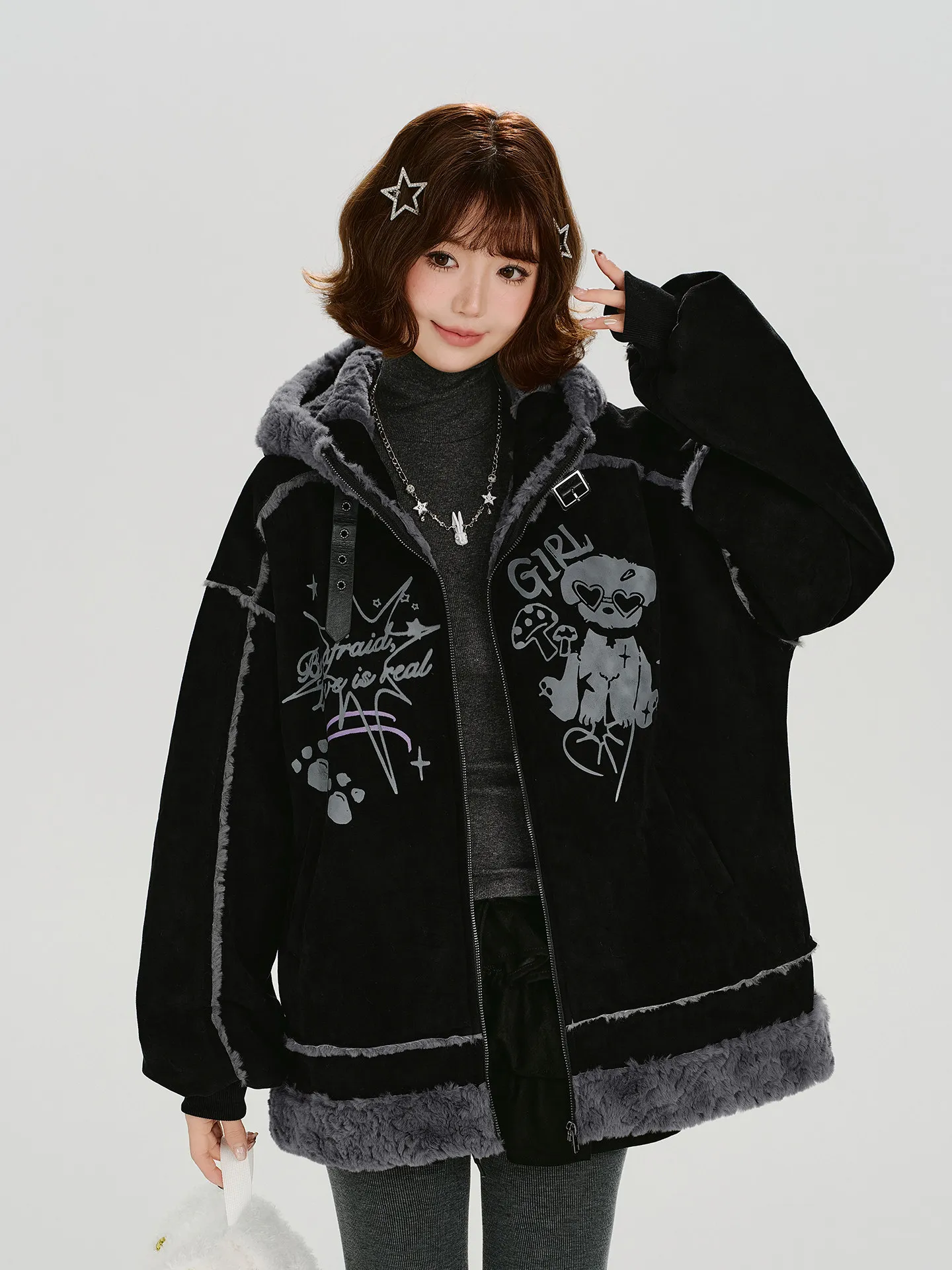 Women Y2K Goth Reversible Fleece Hooded Jacket Cartoon Bear Graphic Print Oversized Sherpa Lined Zip Up Winter Coat