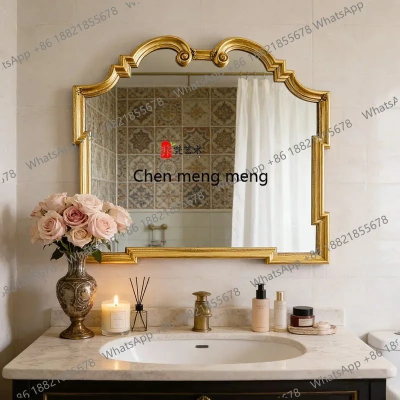 F181 French retro bathroom mirror wall hanging carved bathroom makeup European style, fireplace decorative mirror