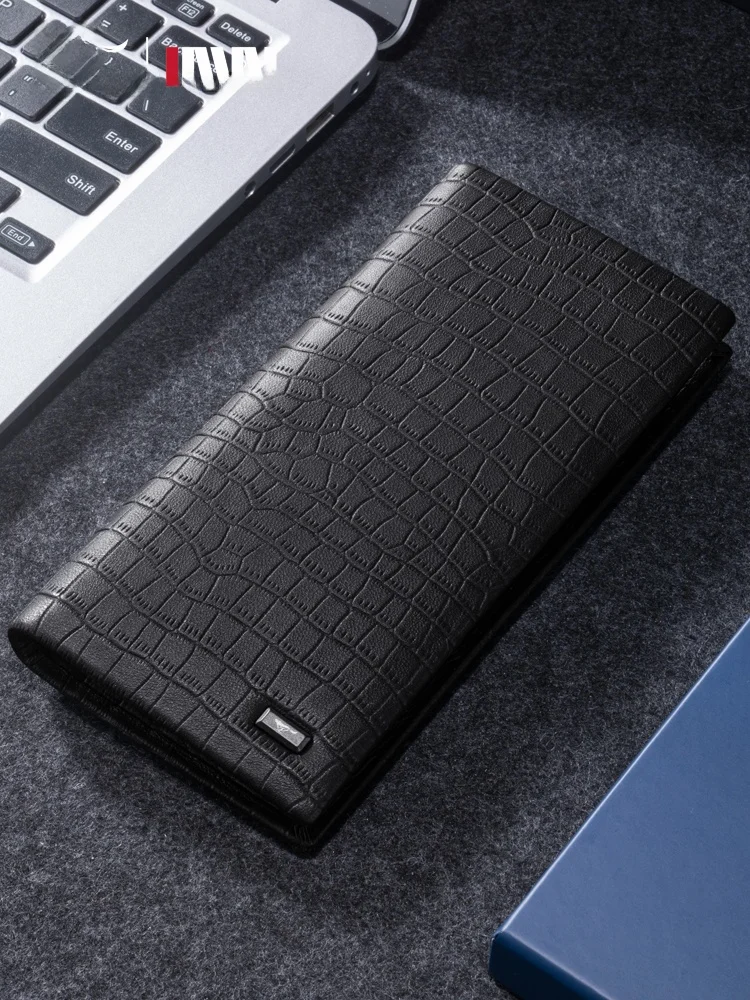 

Septwolves Long Leather Wallet for Men Faionable Crocodile Patterned Genuine eepskin Busin Sle Youth Vertical Wallet