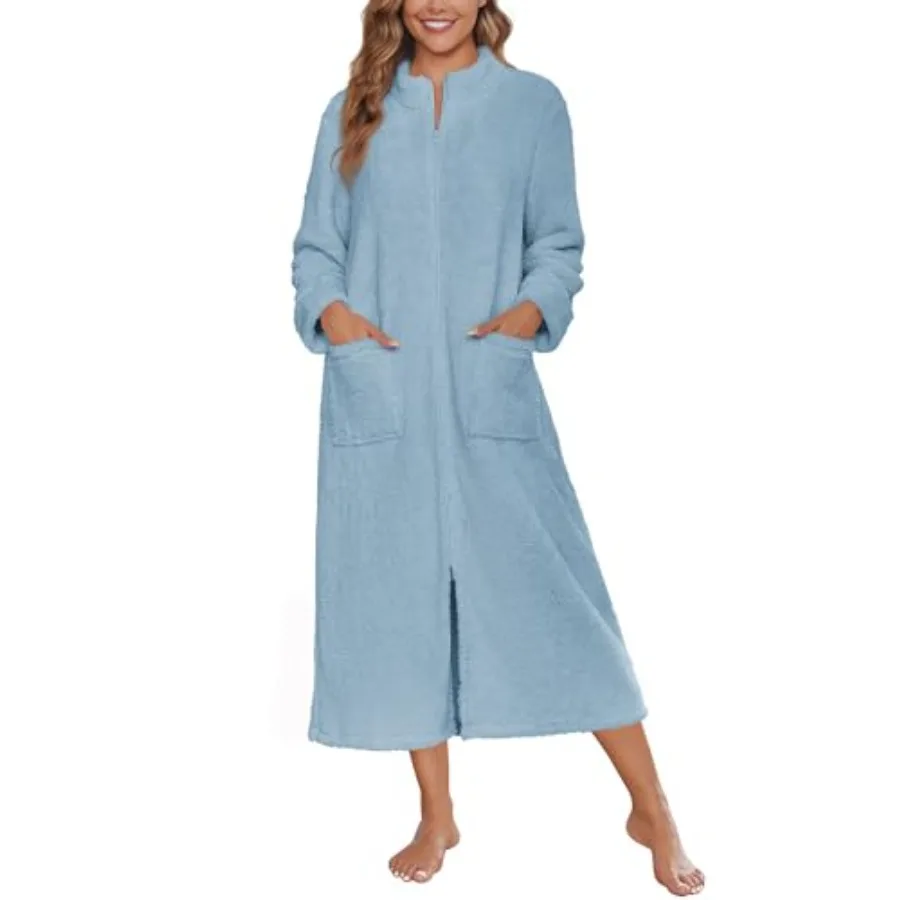 

Ekouaer Women Zipper Robe Fleece Long Sleeves Bathrobe Sleepwear Warm Soft Housecoat with Pockets Zip Up House Dresses