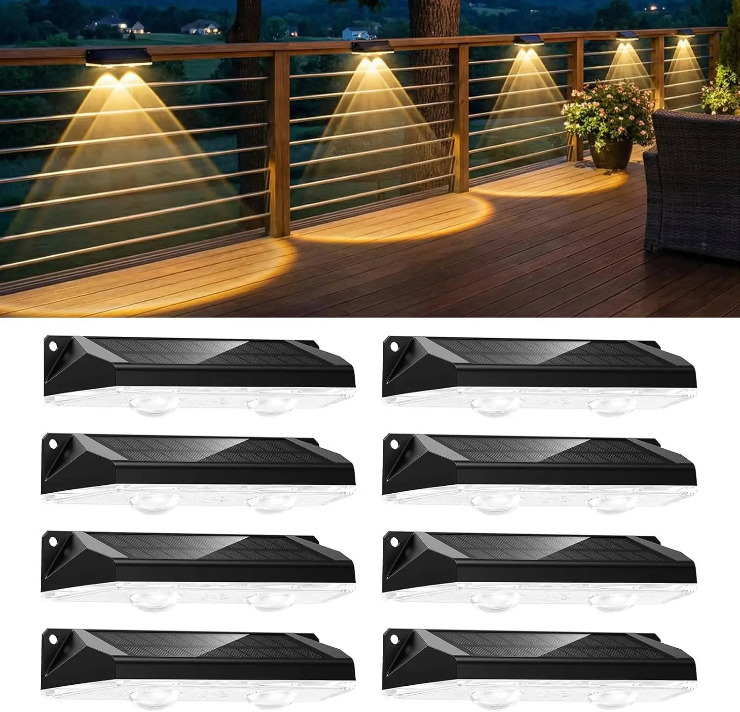 

12 Modes Solar Fence Lights Outdoor, IP65 Waterproof Warm White & RGB, 50 Lumens, Auto On/Off, Easy Install for Yard Patio Deck