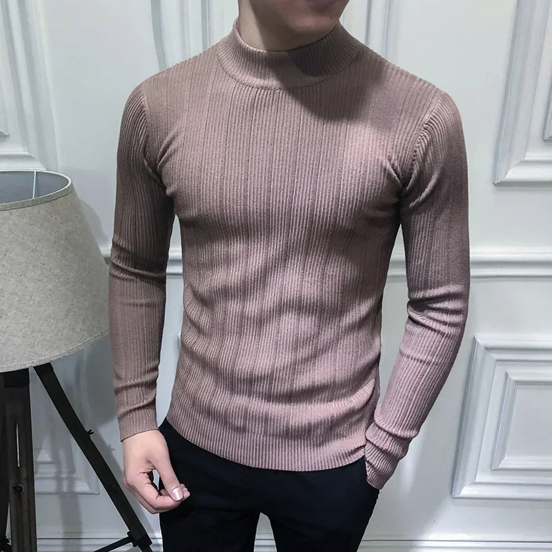 MRMT 2024 Brand New Men's Korean Striped Wild Men's Half High Neck Long Sleeve Sweater Middle Neck Knitted Bottoming Shirt