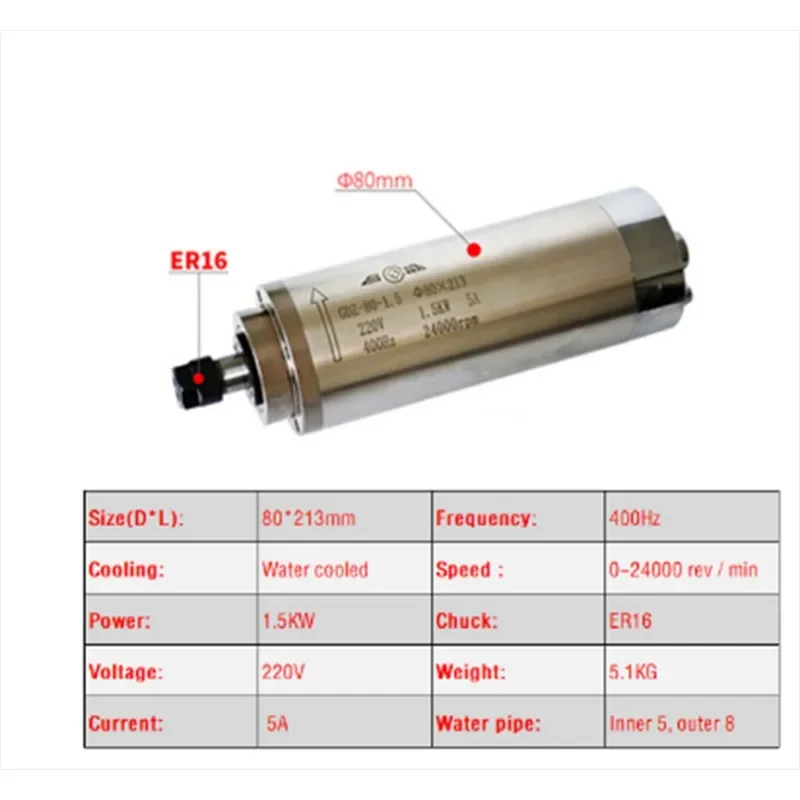 1.5KW 2.2KW CNC Spindle Motor 220V 380V Water Cooled Engraving Machine Z Axis Shaft 80mm Spindle ER11 ER16 ER20 Collet Chuck