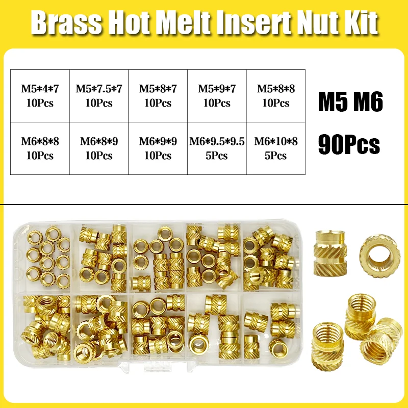 Messing inzetmoerset met schroefdraad M2 M2.5 M3 M4 M5 M6 M8 Hotmelt Heat Gekartelde inbedded injectie Koperen inzetmoer voor 3D-print kunststof