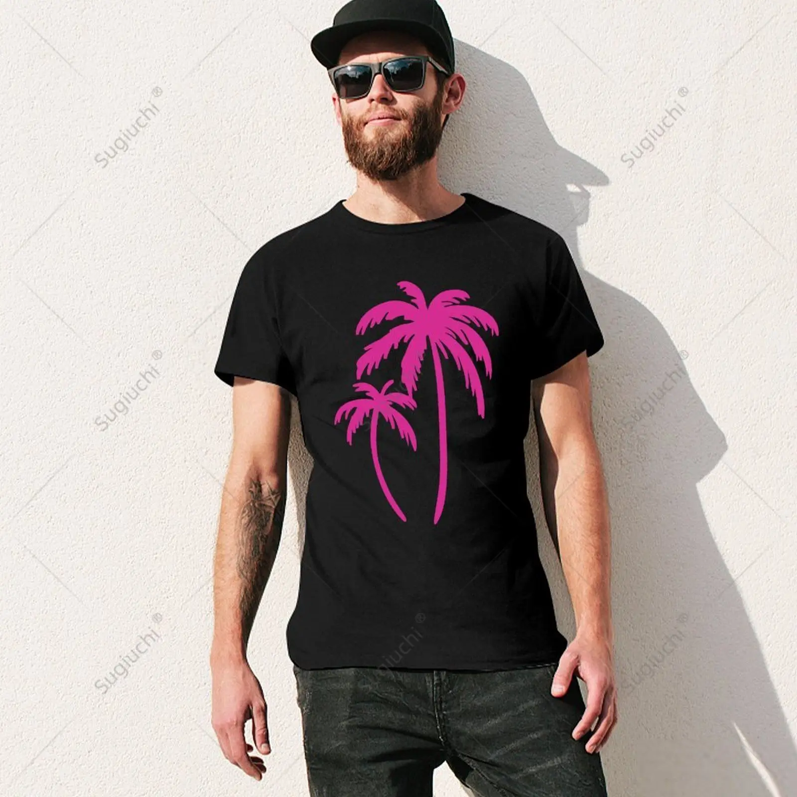 Unisex Men Pink Pocket Palm Tree Cute Hawaiian Summer Vacation Tshirt Tees T Shirts Women Boys 100% Cotton T-Shirt