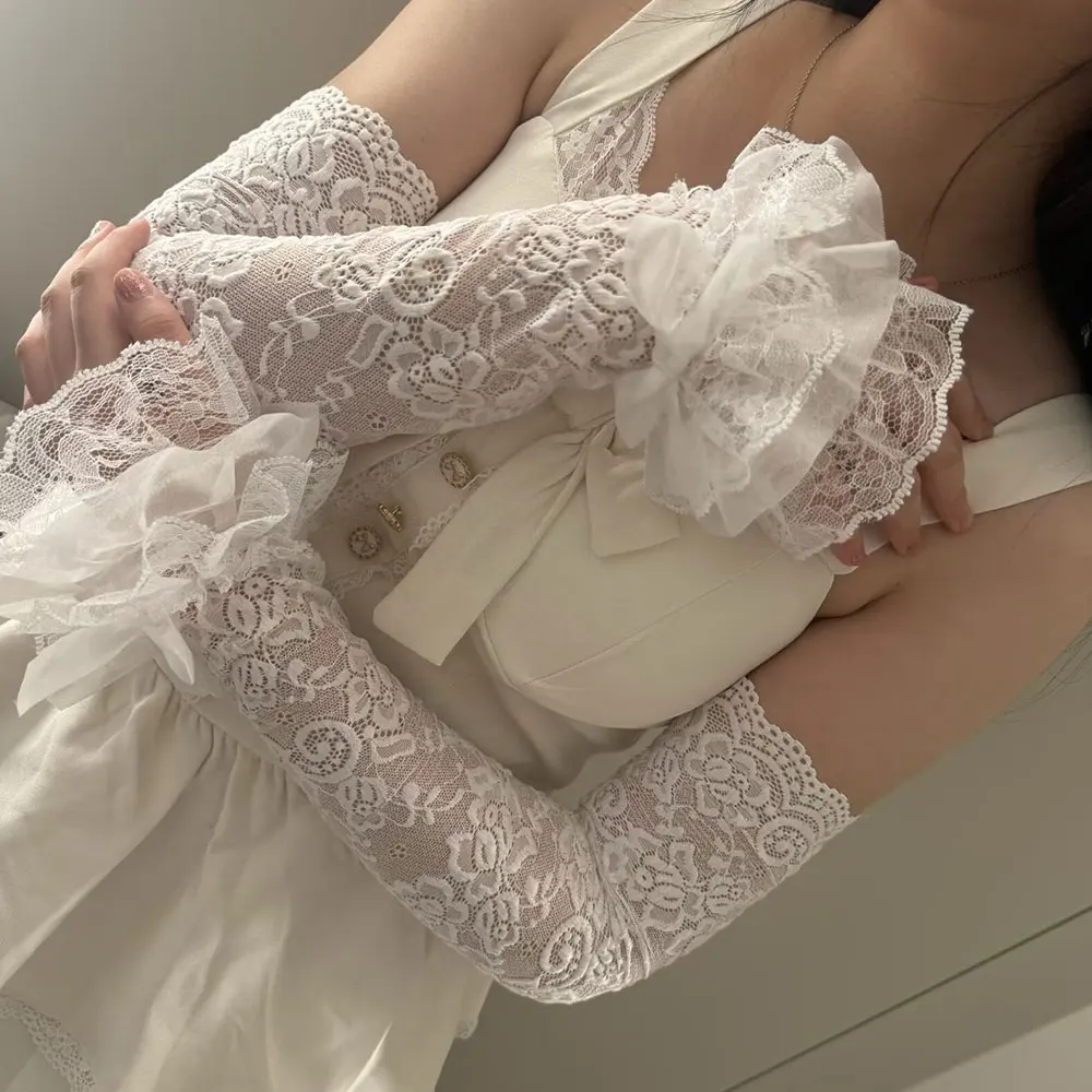 

Женские кружевные перчатки без пальцев с бантом, декоративные рукава, защита от солнца, ажурные кружевные перчатки без пальцев, рукава Y2K