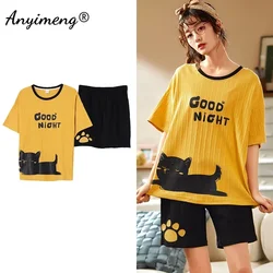 New Dropshipping Women Pajamas Summer Shorts Cotton Pijamas Yellove Cute Cats Printing Fashion Girl's Homewear Korean Pajama Set