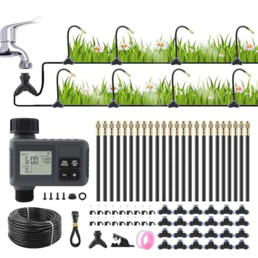 Smart Drip Irrigation System for Garden Yard Lawn 100FT Bendable Hose with 24 Adjustable Nozzles Water Timer, Compatible with 3