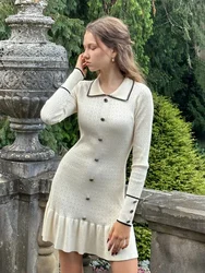 TARUXY-minivestido de punto con volantes para mujer, vestidos ajustados de manga larga con botones de solapa hueca, Color de contraste Retro elegante