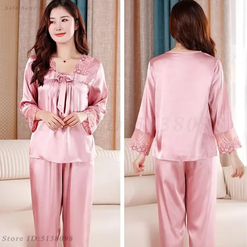

Spring Summer Pijama Mujer Silk Satin Sleepwear Women Sexy Large Size 3XL Pajamas Suit Lace Loungewear Loose Casual Home Clothes